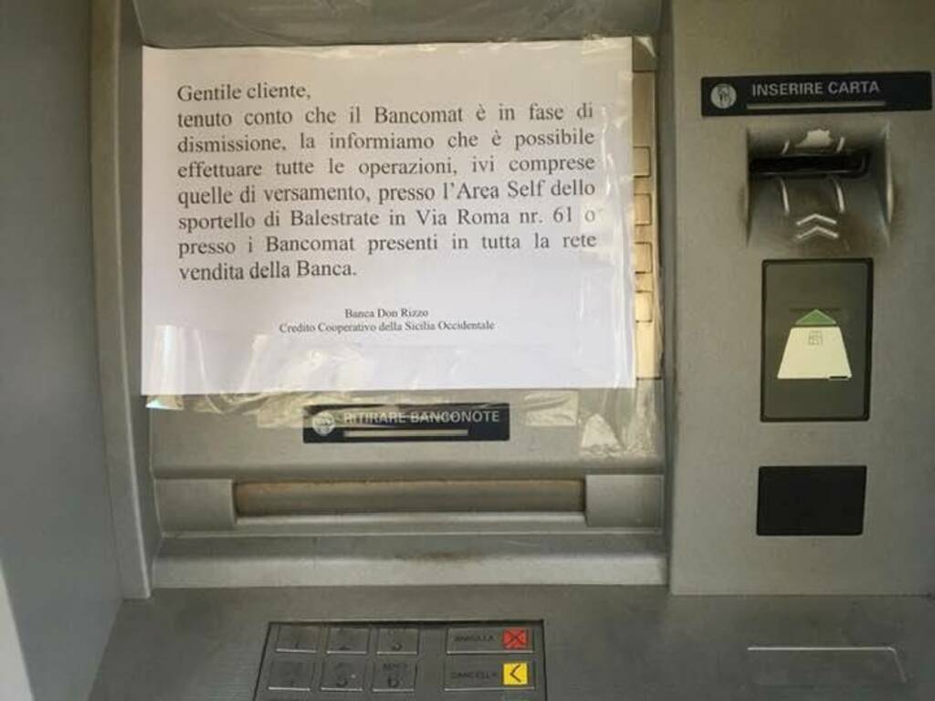 Trappeto avvertenza chiusura bancomat banca don Rizzo agosto 2019