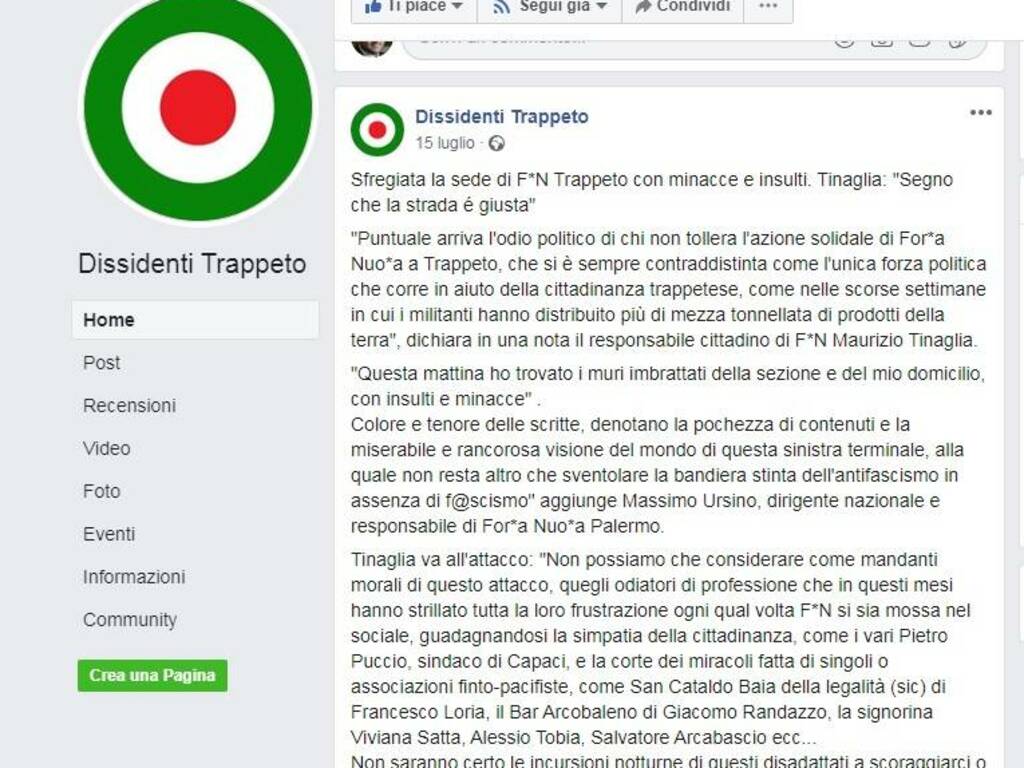Trappeto post facebook Forza nuova accuse a sindaco Puccio