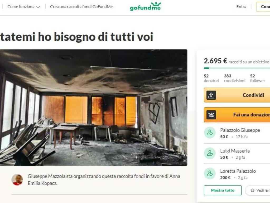 Cinisi raccolta fondi ristorante distrutto da incendio Giuseppe Mazzola ai sapori siciliani