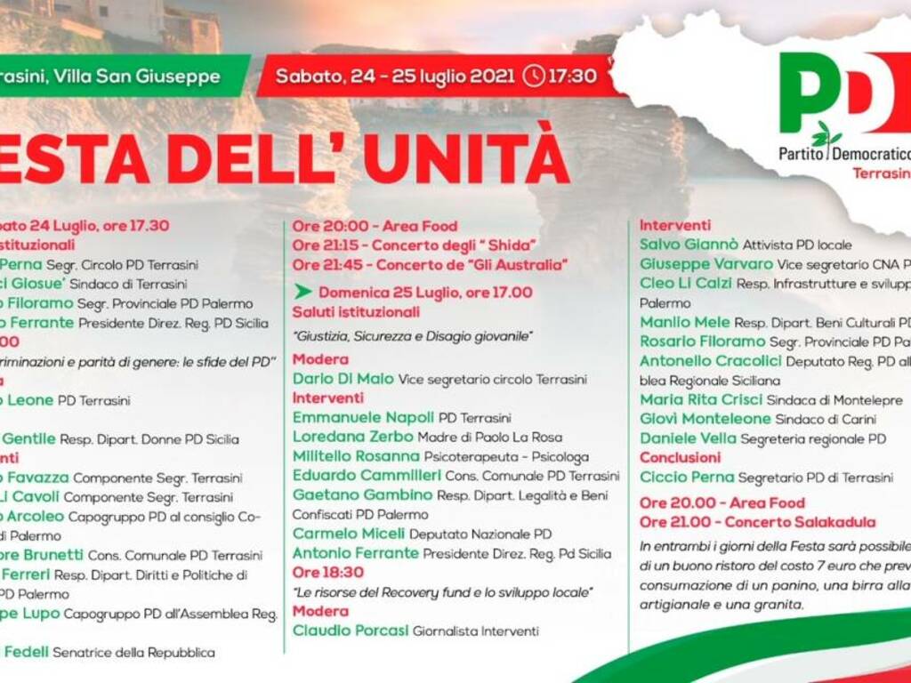 Terrasini locandina Pd festa unità 24-25 luglio 2021