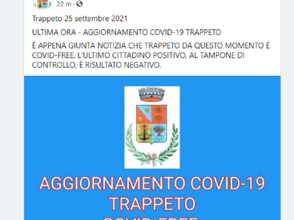 Trappeto sindaco annuncio paese covid free 25-9-2021