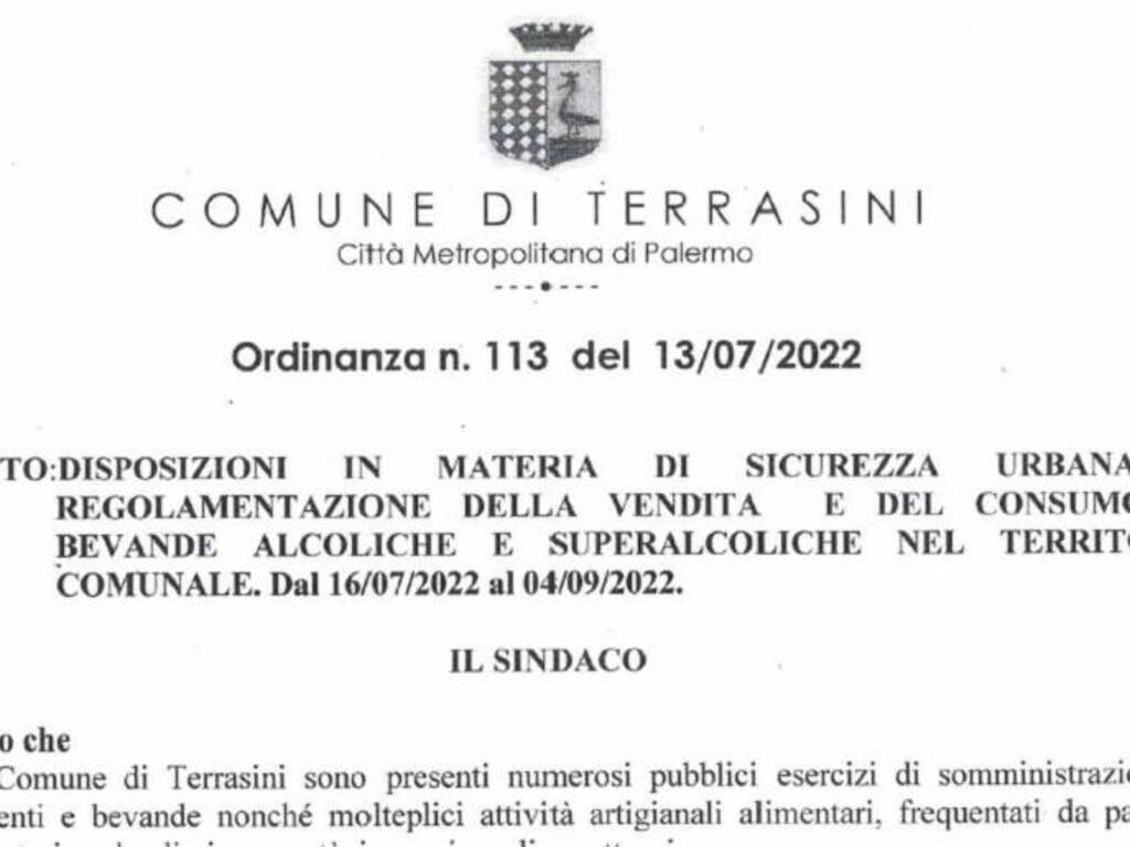 Terrasini ordinanza divieto bevande alcoliche asporto estate 2022