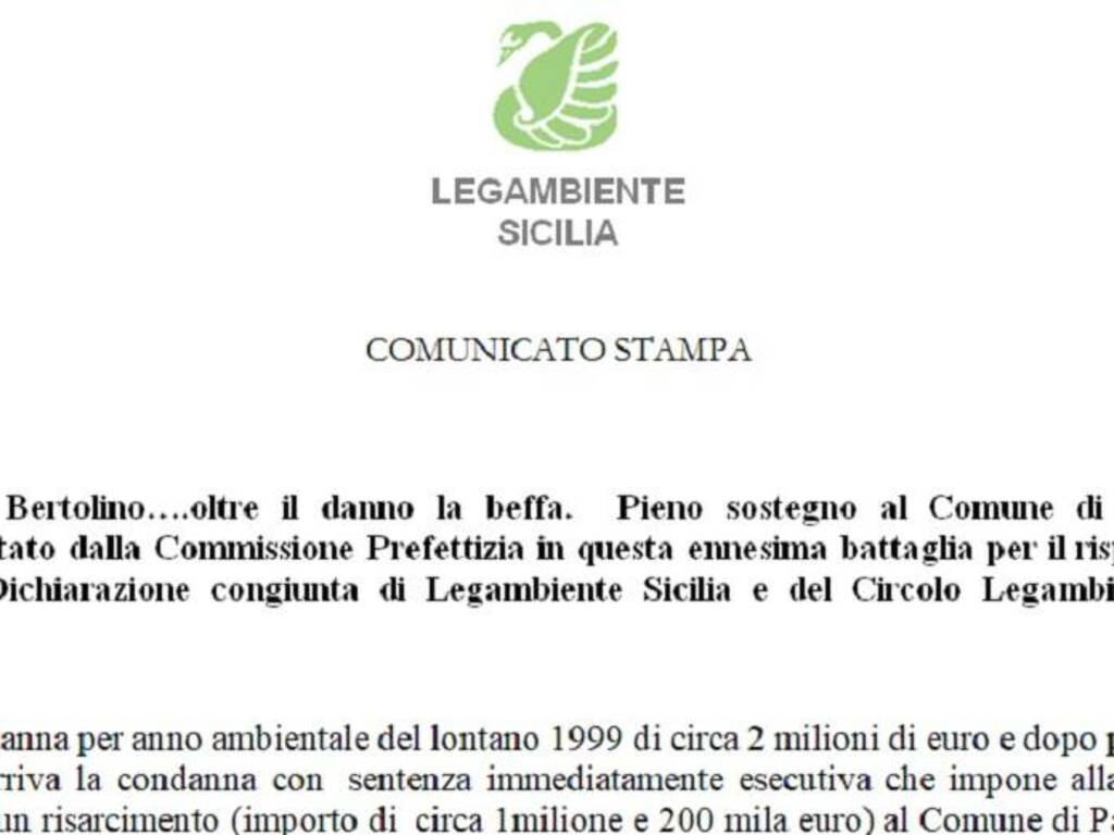 Partinico documento Legambiente sostegno Comune contro distilleria Bertrolino