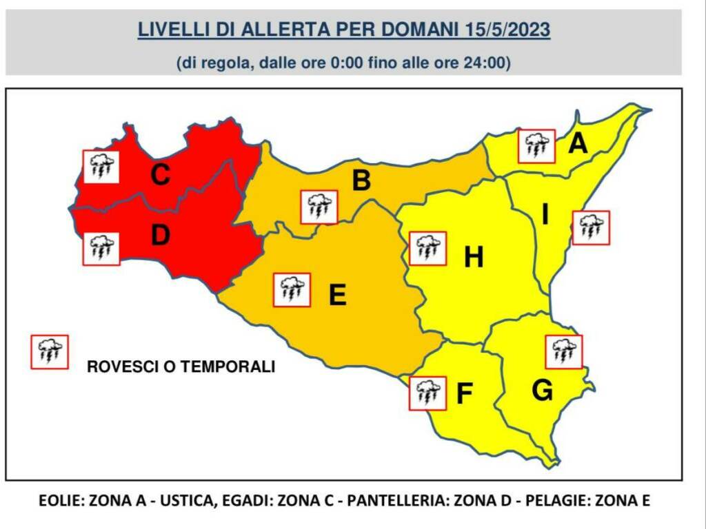 La cartina dell'allerta meteo della protezione civile in Sicilia prevista per il 15 maggio 2023