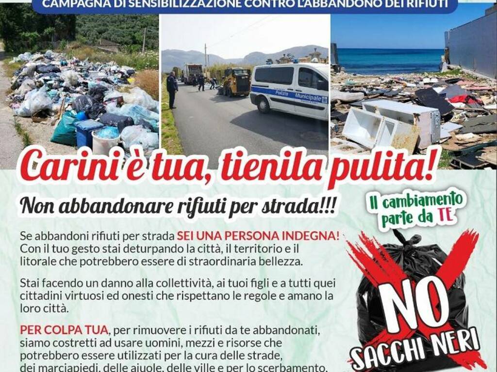 Il Comune di Carini promuove una forte campagna contro gli abbandoni dei rifiuti, distribuiti 12 mila volantini  
