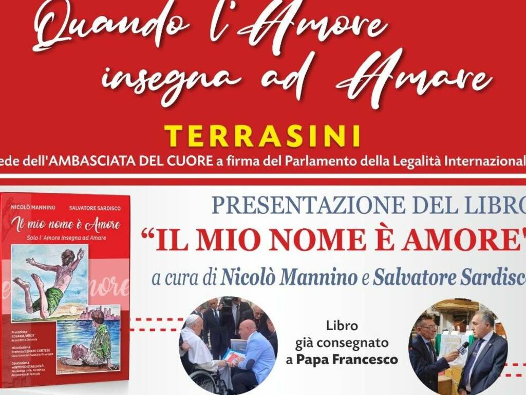 Nuovo libro dei fondatori del Parlamento della legalità sull’amore disinteressato, sarà presentato nelle scuole di Terrasini 